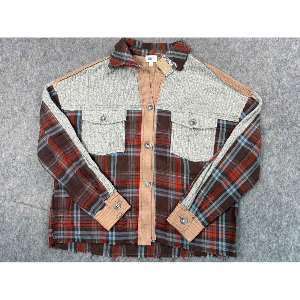 BKE Mixed Media Plaid Waffle Knit Button Down Shirt Chocolate Brown Small NEW